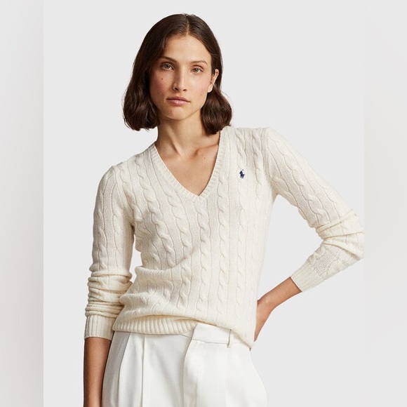 Ralph Lauren Sweaters - POLO RALPH LAUREN KIMBERLY V-Neck Cable Knit Sweater Off White